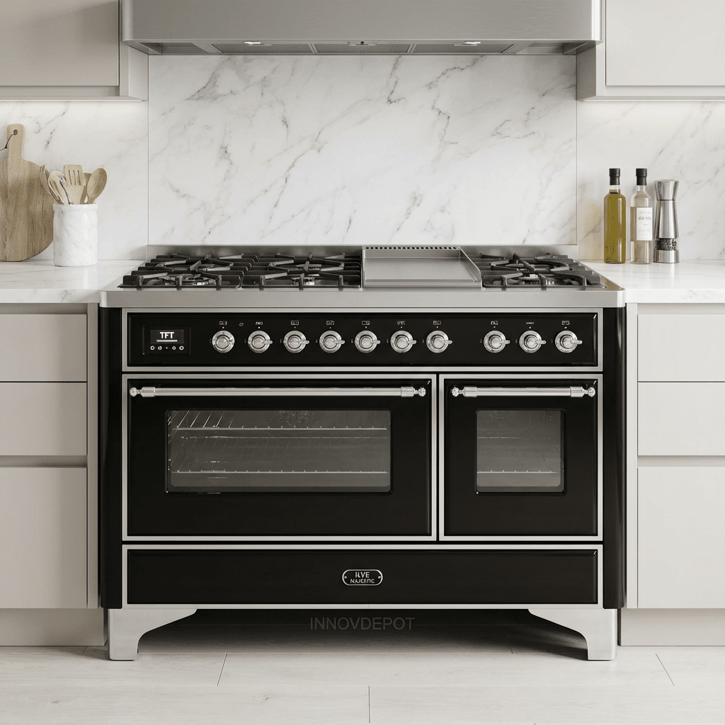ILVE Majestic II 48 Inch Dual Fuel Range, Double Oven, 8 Burners & Griddle UM12FDNS3 - MyBBQDirect