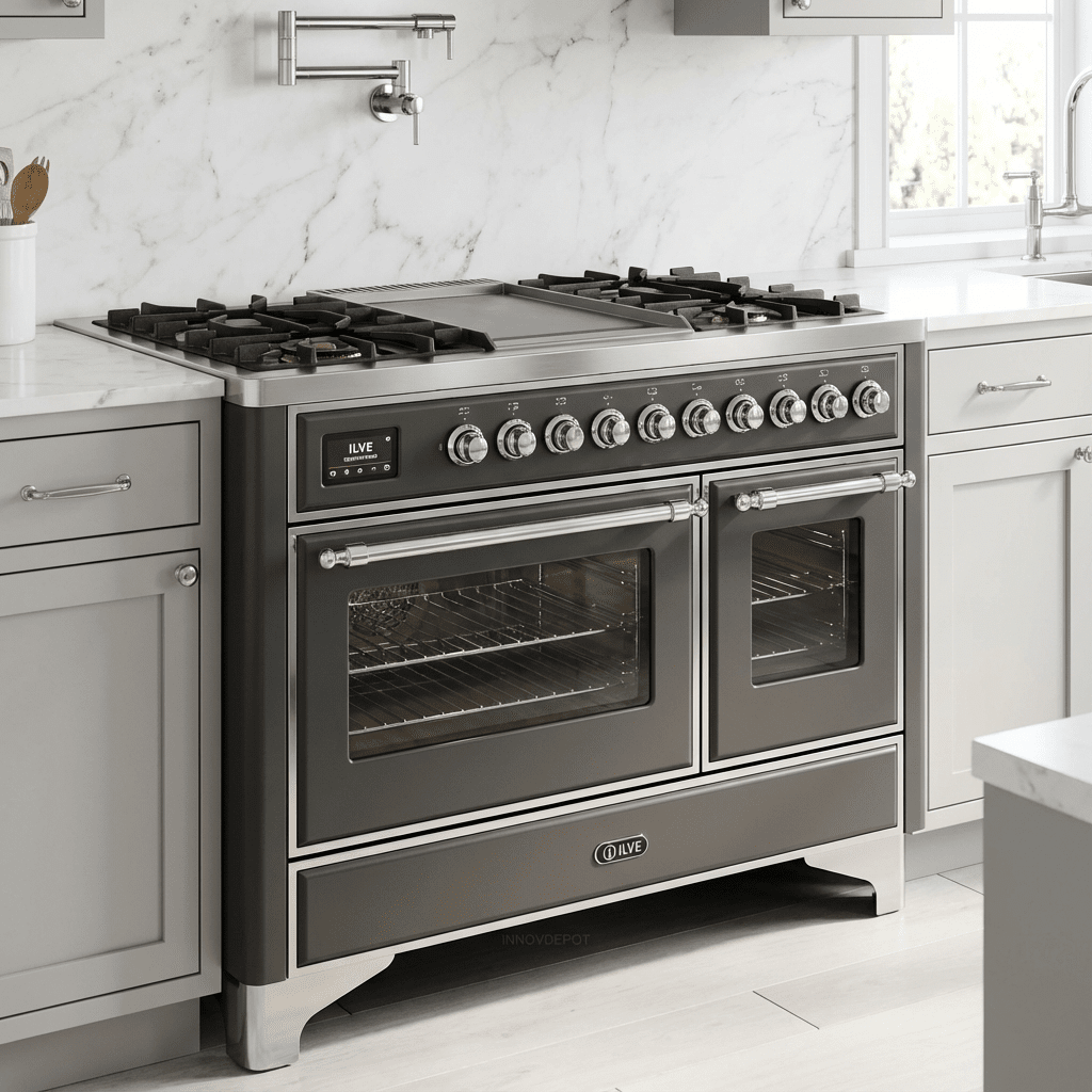 ILVE Majestic II 48 Inch Dual Fuel Range, Double Oven, 8 Burners & Griddle UM12FDNS3 - MyBBQDirect