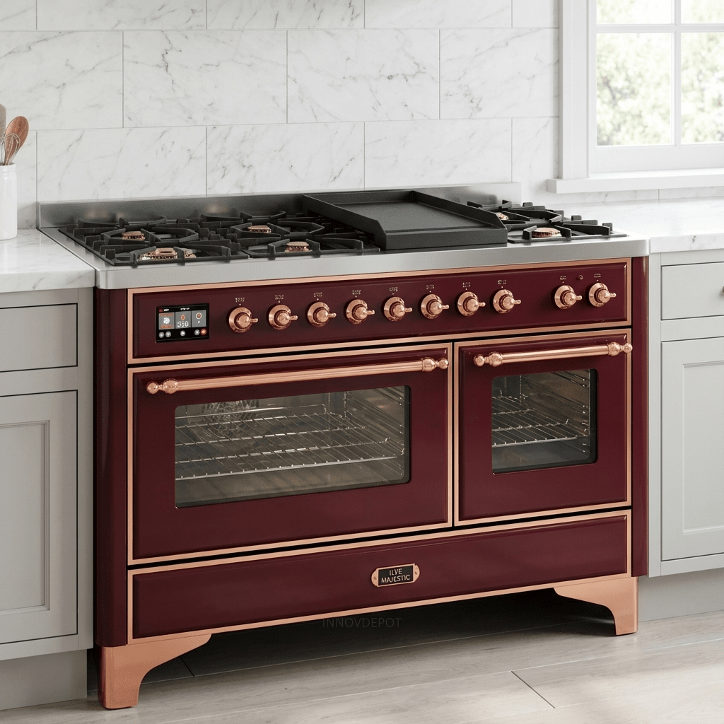 ILVE Majestic II 48 Inch Dual Fuel Range, Double Oven, 8 Burners & Griddle UM12FDNS3 - MyBBQDirect