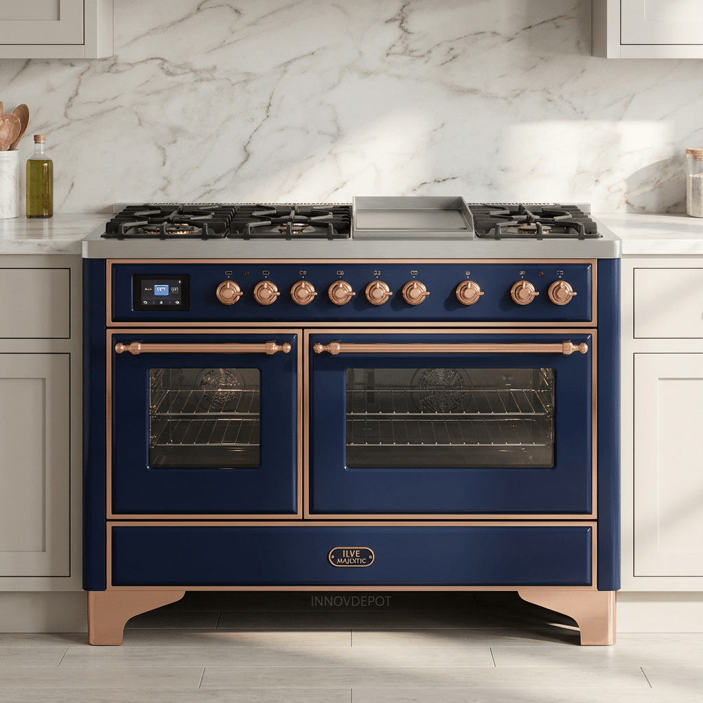 ILVE Majestic II 48 Inch Dual Fuel Range, Double Oven, 8 Burners & Griddle UM12FDNS3 - MyBBQDirect