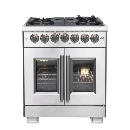 Forno 30-Inch Dual Fuel Range with 5 Gas Burners, 100,000 BTUs, and French Door Electric Oven in Stainless Steel