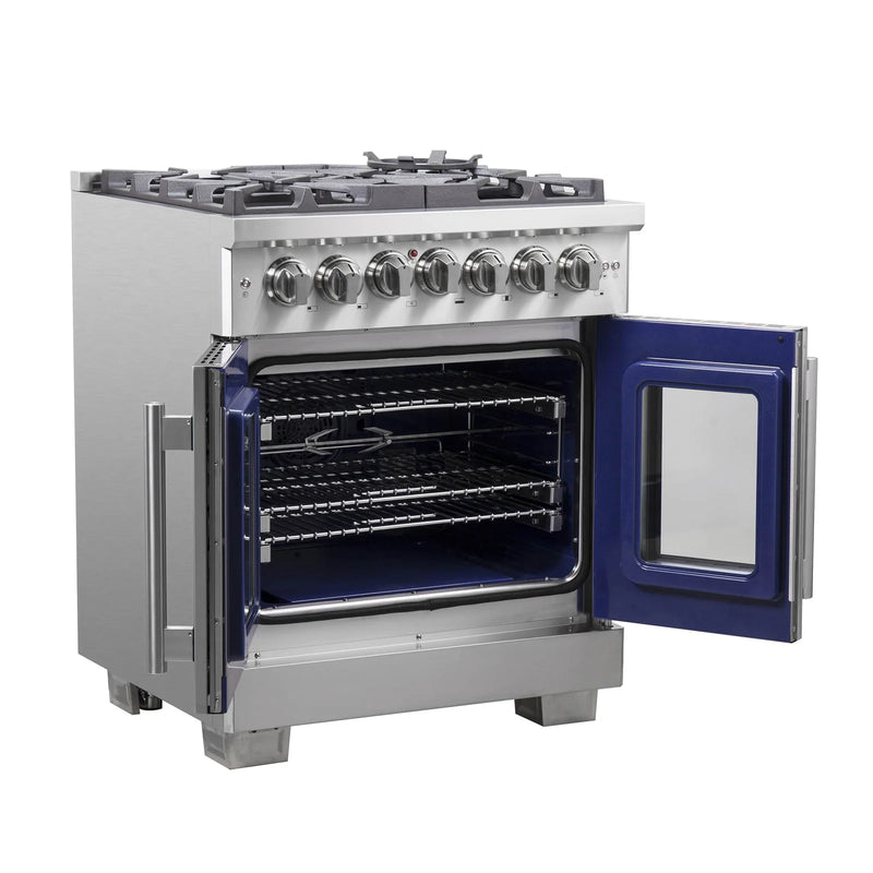 Forno 30-Inch Dual Fuel Range with 5 Gas Burners, 100,000 BTUs, and French Door Electric Oven in Stainless Steel