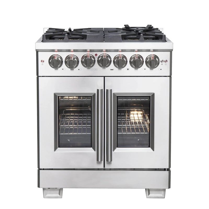 Forno 30-Inch Dual Fuel Range with 5 Gas Burners, 100,000 BTUs, and French Door Electric Oven in Stainless Steel