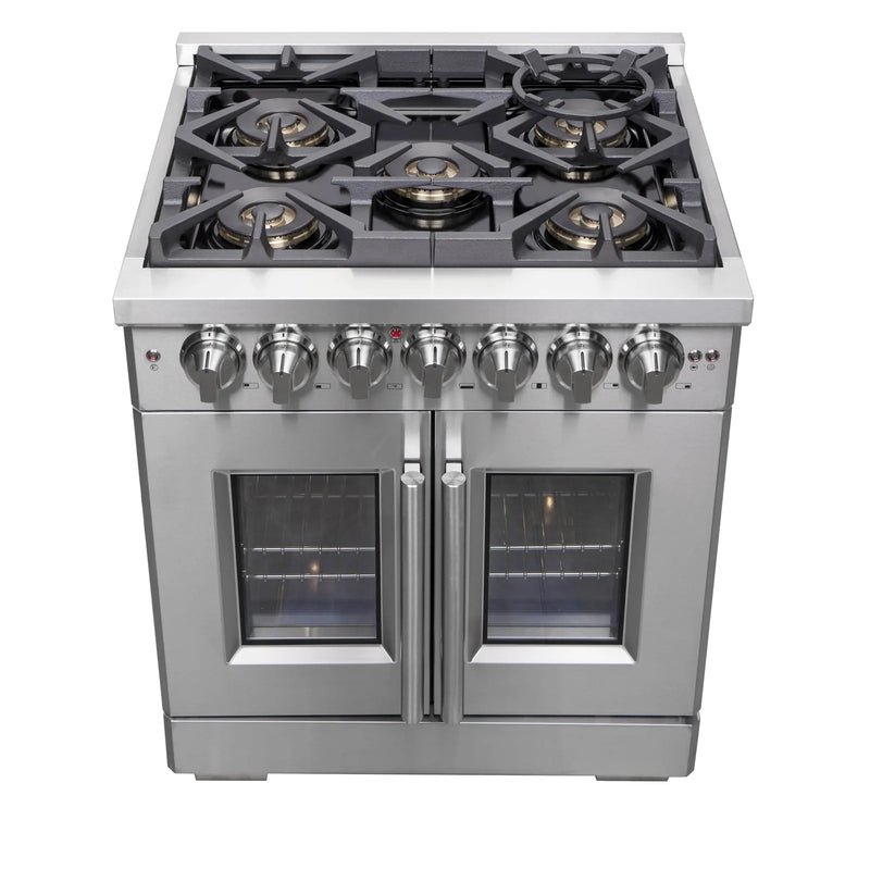 Forno 30-Inch Dual Fuel Range with 5 Gas Burners, 100,000 BTUs, and French Door Electric Oven in Stainless Steel