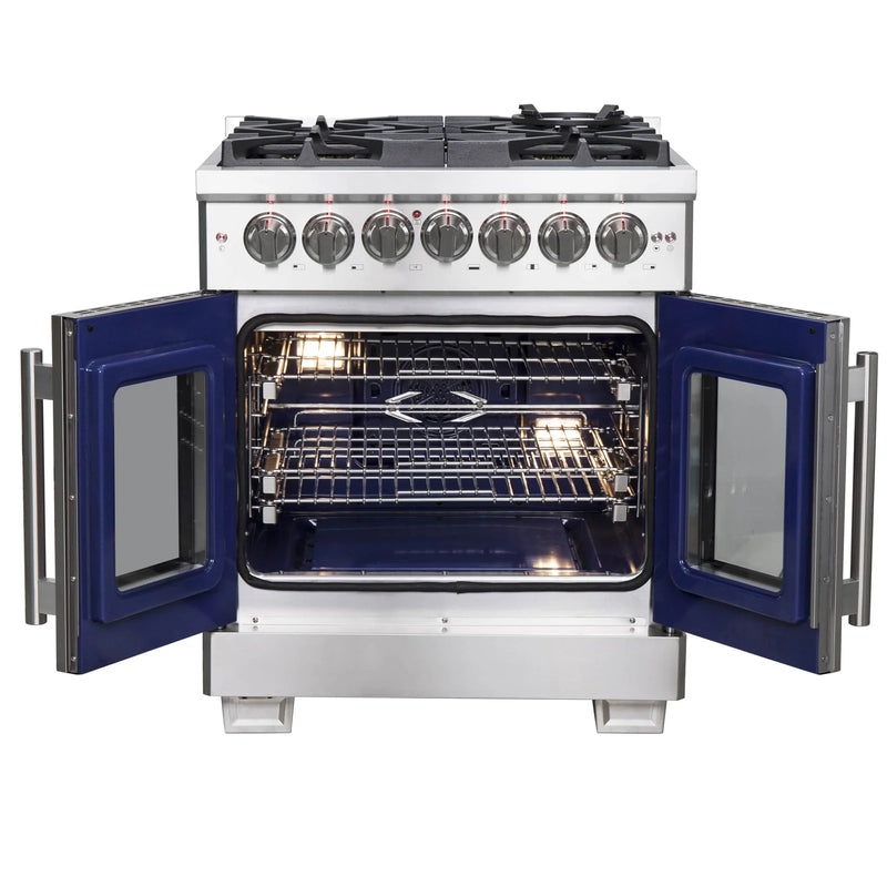 Forno 30-Inch Dual Fuel Range with 5 Gas Burners, 100,000 BTUs, and French Door Electric Oven in Stainless Steel