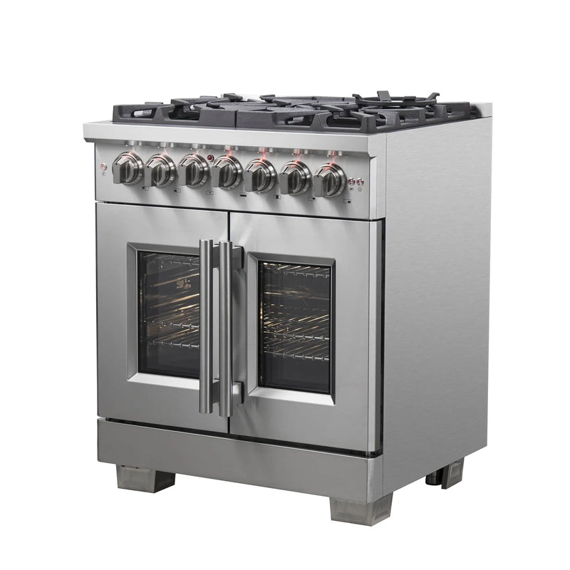 Forno 30-Inch Dual Fuel Range with 5 Gas Burners, 100,000 BTUs, and French Door Electric Oven in Stainless Steel