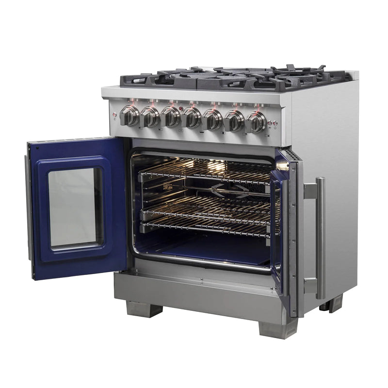 Forno 30-Inch Dual Fuel Range with 5 Gas Burners, 100,000 BTUs, and French Door Electric Oven in Stainless Steel