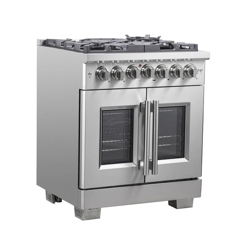 Forno 30-Inch Dual Fuel Range with 5 Gas Burners, 100,000 BTUs, and French Door Electric Oven in Stainless Steel