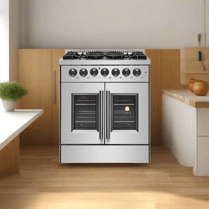FORNO 30-Inch Galiano Freestanding French Door Dual Fuel Range with 5 Burners and 68,000 BTUs in Stainless Steel - FFSGS6356-30