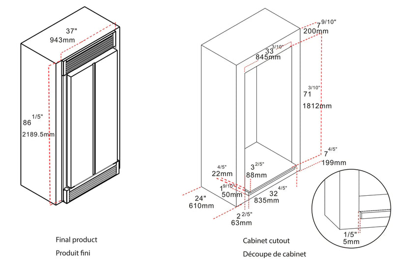 FORNO Salerno 33" Side by Side Built-in Refrigerator 15.6 cu.ft in Stainless Steel with Built-in Style Grille Trim Kit - FFRBI1805-37SG