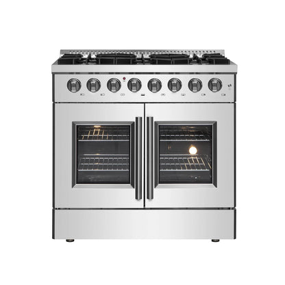 Forno 36-Inch Dual Fuel Range with 6 Gas Burners, 83,000 BTUs, & French Door Electric Oven in Stainless Steel