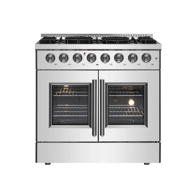 Forno 36-Inch Dual Fuel Range with 6 Gas Burners, 83,000 BTUs, & French Door Electric Oven in Stainless Steel