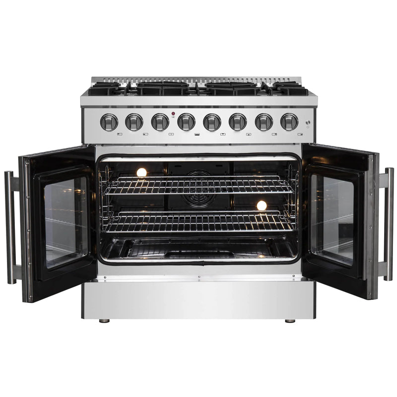 Forno 36-Inch Dual Fuel Range with 6 Gas Burners, 83,000 BTUs, & French Door Electric Oven in Stainless Steel