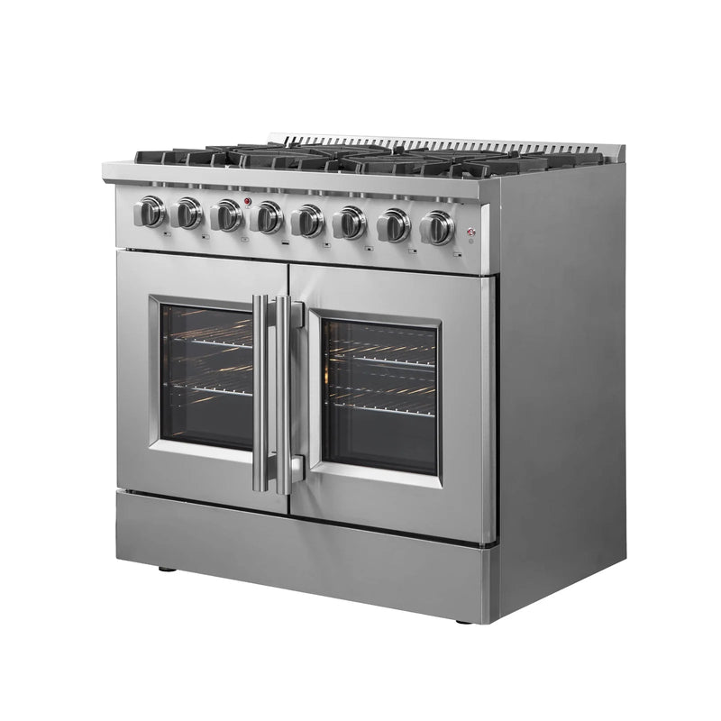 Forno 36-Inch Dual Fuel Range with 6 Gas Burners, 83,000 BTUs, & French Door Electric Oven in Stainless Steel