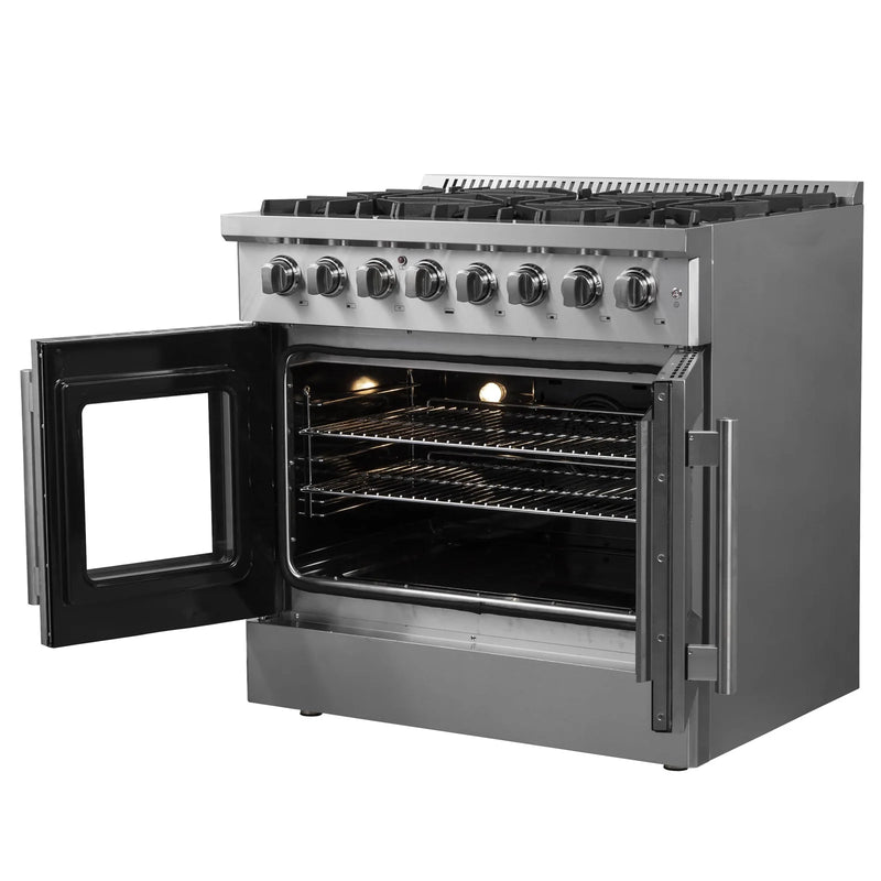 Forno 36-Inch Dual Fuel Range with 6 Gas Burners, 83,000 BTUs, & French Door Electric Oven in Stainless Steel