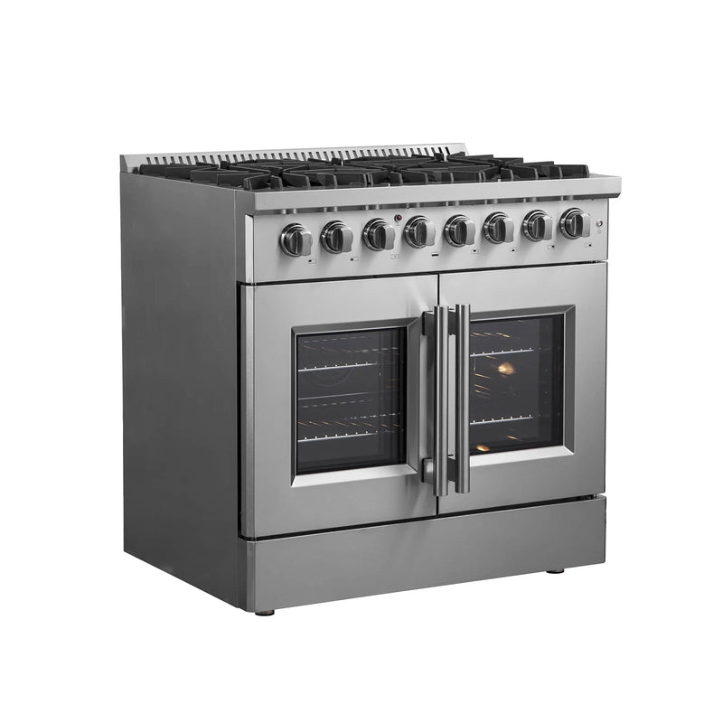 Forno 36-Inch Dual Fuel Range with 6 Gas Burners, 83,000 BTUs, & French Door Electric Oven in Stainless Steel