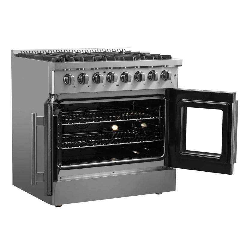 Forno 36-Inch Dual Fuel Range with 6 Gas Burners, 83,000 BTUs, & French Door Electric Oven in Stainless Steel