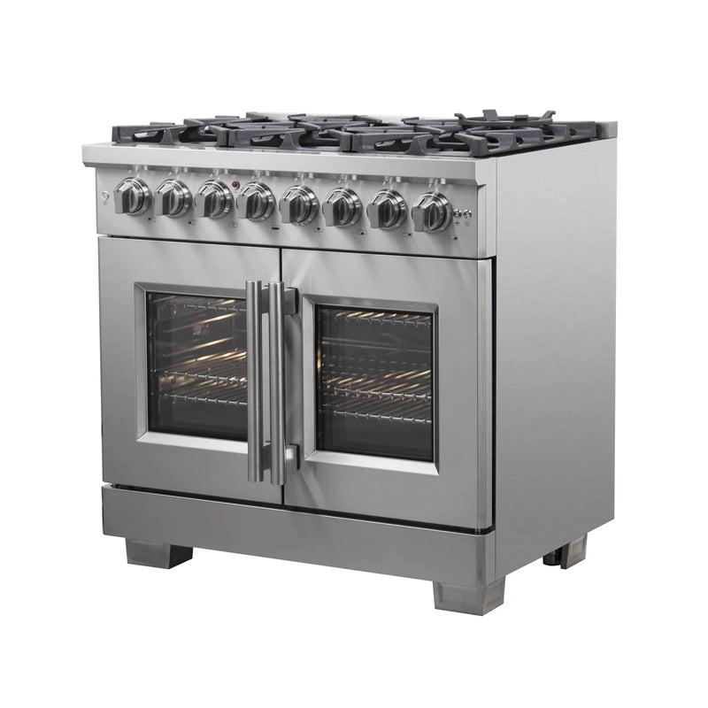 Forno 36-Inch Freestanding French Door Dual Fuel Range with 6 Gas Burners, 120,000 BTUs & Electric Oven in Stainless Steel