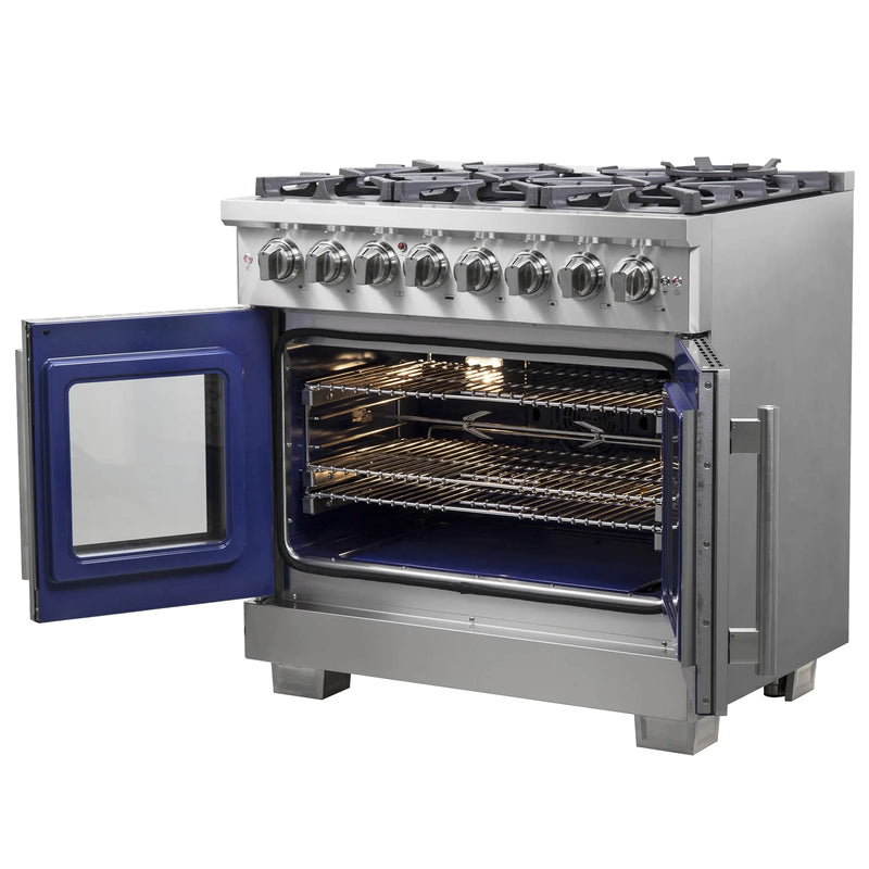 Forno 36-Inch Freestanding French Door Dual Fuel Range with 6 Gas Burners, 120,000 BTUs & Electric Oven in Stainless Steel