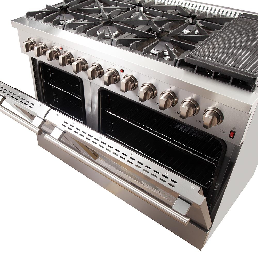 FORNO Maniago 48" Gold Freestanding Dual Fuel Range Gas Cooktop with 240v Electric Oven - 8 Burners, Griddle, and Double Oven -FFSGS6156-48