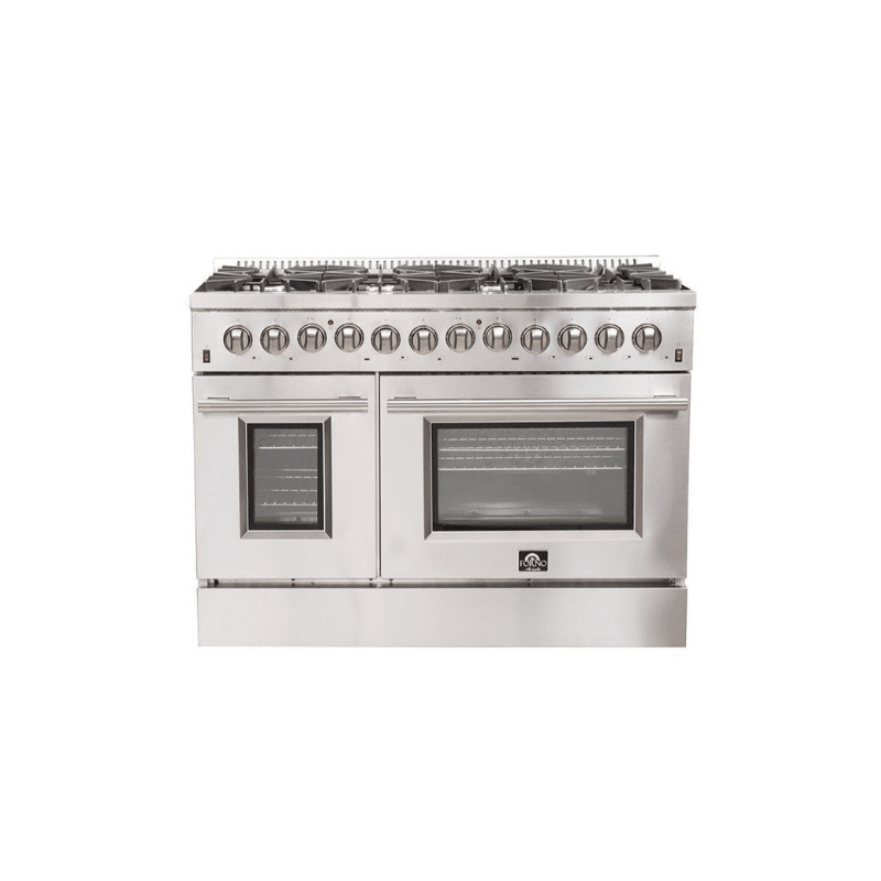 FORNO Maniago 48" Gold Freestanding Dual Fuel Range Gas Cooktop with 240v Electric Oven - 8 Burners, Griddle, and Double Oven -FFSGS6156-48