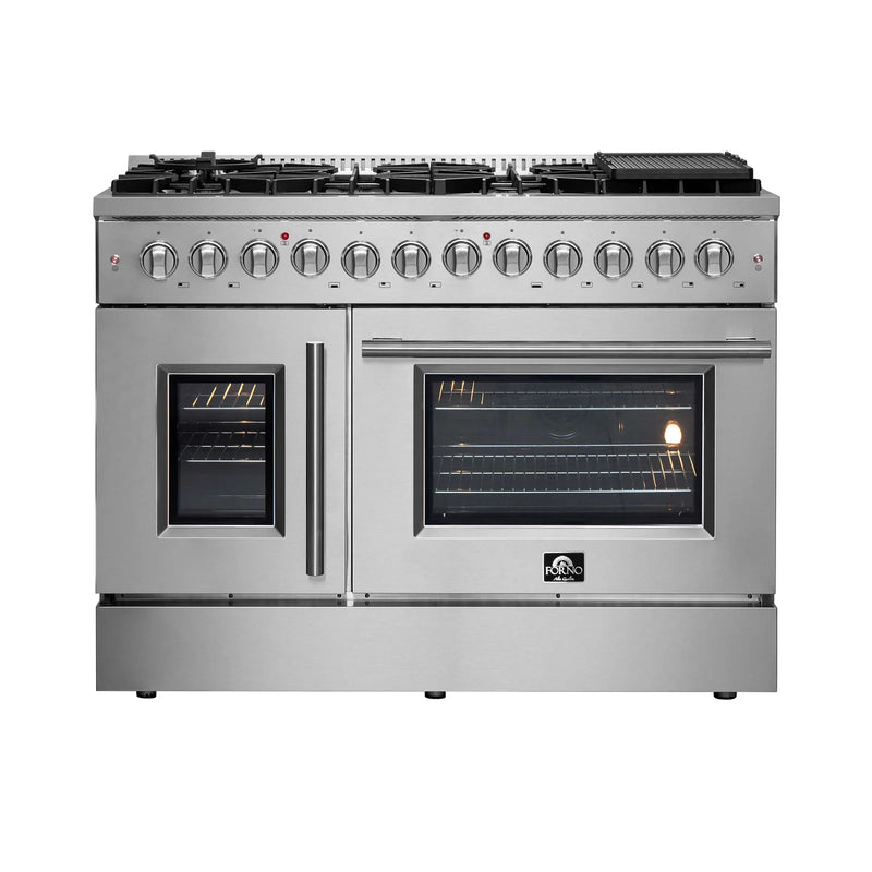 Forno 48-Inch Dual Fuel Range with 8 Gas Burners, 107,000 BTUs, & French Door Electric Oven in Stainless Steel