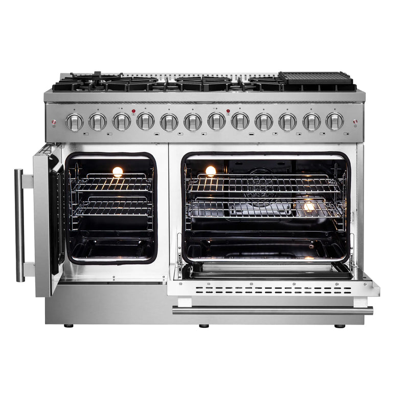 Forno 48-Inch Dual Fuel Range with 8 Gas Burners, 107,000 BTUs, & French Door Electric Oven in Stainless Steel