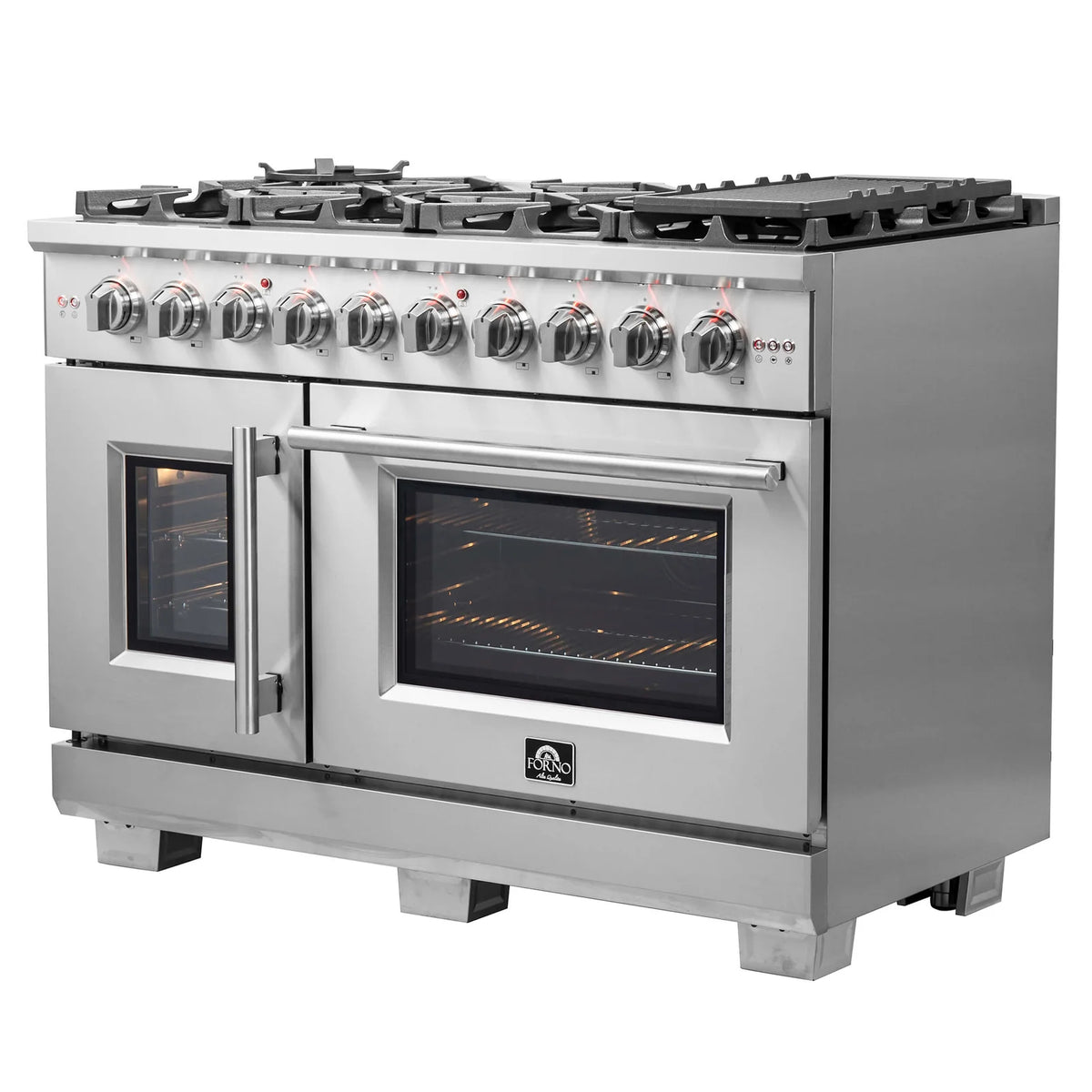 Forno 48-Inch Dual Fuel Range with 8 Gas Burners, 107,000 BTUs, & French Door Electric Oven in Stainless Steel