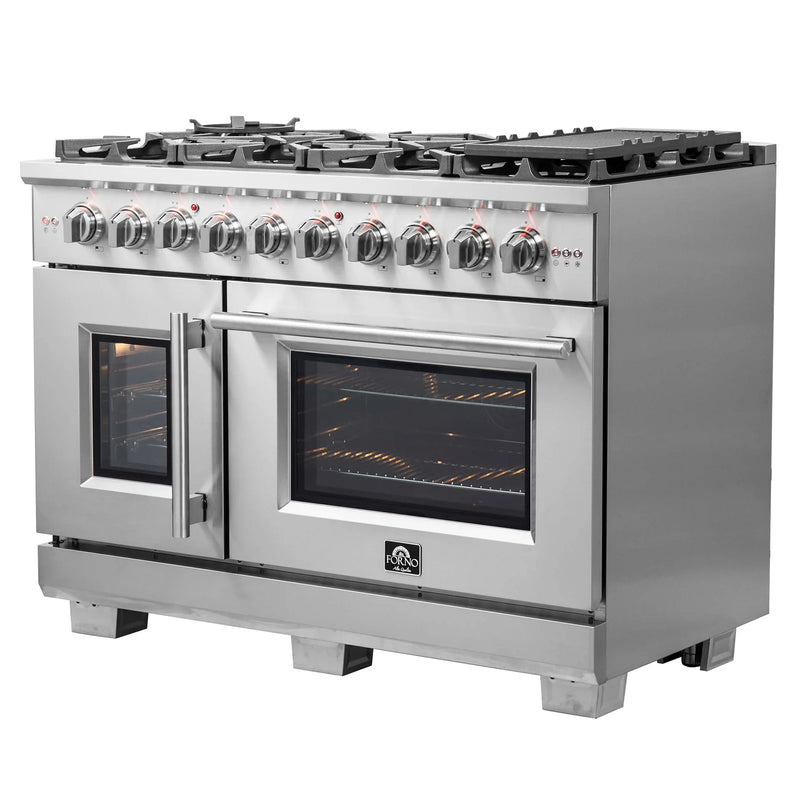 Forno 48-Inch Dual Fuel Range with 8 Gas Burners, 107,000 BTUs, & French Door Electric Oven in Stainless Steel