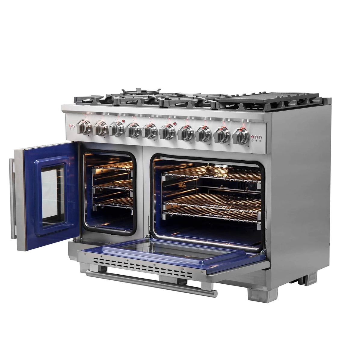 Forno 48-Inch Dual Fuel Range with 8 Gas Burners, 160,000 BTUs & French Door Electric Oven in Stainless Steel