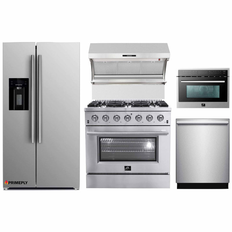 Forno 5-Piece Appliance Package - 36-Inch Gas Range, Refrigerator with Water Dispenser, Wall Mount Hood with Backsplash, Microwave Oven, & 3-Rack Dishwasher in Stainless Steel