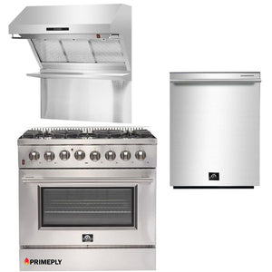 Forno Appliance Package - 36 Inch Dual Fuel Range, Wall Mount Range Hood, Dishwasher, FDWB-FFSGS6156-36 - MyBBQDirect