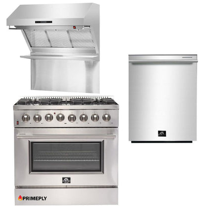 Forno Appliance Package - 36 Inch Dual Fuel Range, Wall Mount Range Hood, Dishwasher, FDWB-FFSGS6156-36 - MyBBQDirect