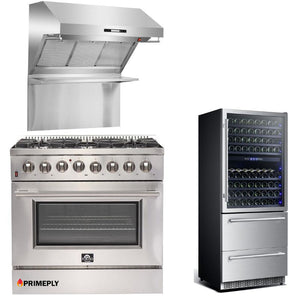 Forno Appliance Package - 36 Inch Dual Fuel Range, Wall Mount Range Hood, Wine Cooler, FWCDR-FFSGS6156-36 - MyBBQDirect