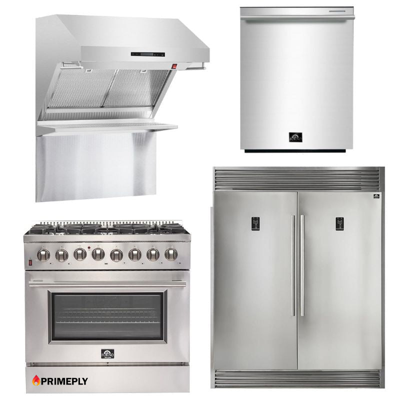 Forno Appliance Package - 36 Inch Gas Range, 60 Inch Refrigerator, Range Hood, Dishwasher, FRHWM-FFSGS6244-36