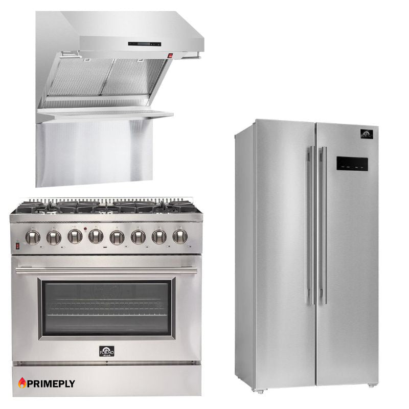 Forno Appliance Package - 36 Inch Gas Range, Wall Mount Range Hood, 33" Built-In Refrigerator, FFRBI-FFSGS6244-36 - MyBBQDirect