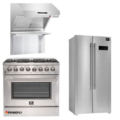 Forno Appliance Package - 36 Inch Gas Range, Wall Mount Range Hood, 33" Built-In Refrigerator, FFRBI-FFSGS6244-36 - MyBBQDirect