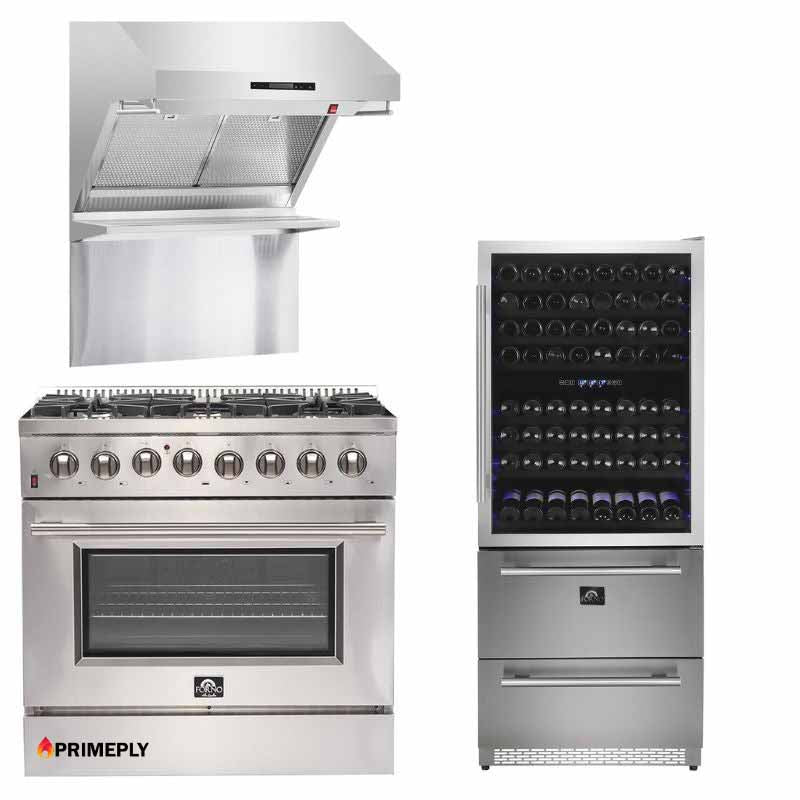 Forno Appliance Package - 36 Inch Gas Range, Wall Mount Range Hood, Microwave Drawer, 6661-FFSGS6244-36 - MyBBQDirect