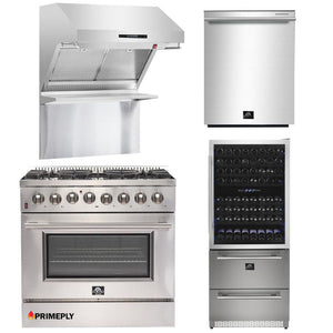 Forno Appliance Package - 36 Inch Gas Range, Wall Mount Range Hood, Microwave Drawer, Dishwasher, FWCDR-FRHWM5029-36 - MyBBQDirect