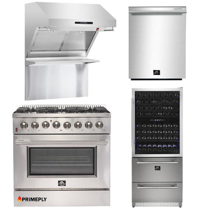 Forno Appliance Package - 36 Inch Gas Range, Wall Mount Range Hood, Microwave Drawer, Dishwasher, FWCDR-FRHWM5029-36 - MyBBQDirect