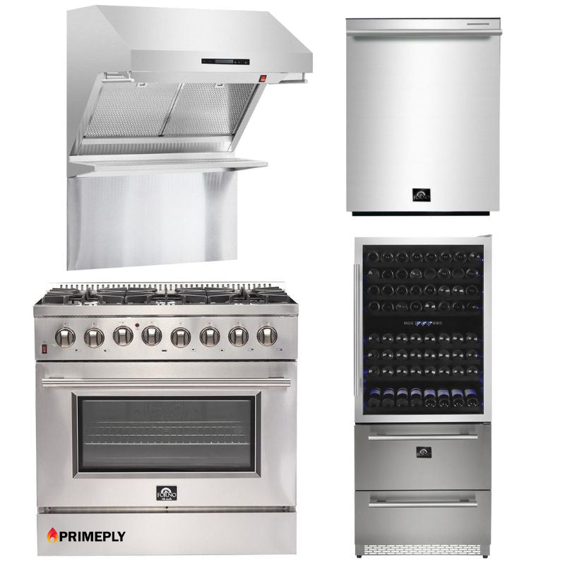 Forno Appliance Package - 36 Inch Gas Range, Wall Mount Range Hood, Microwave Drawer, Dishwasher, FWCDR-FRHWM5029-36