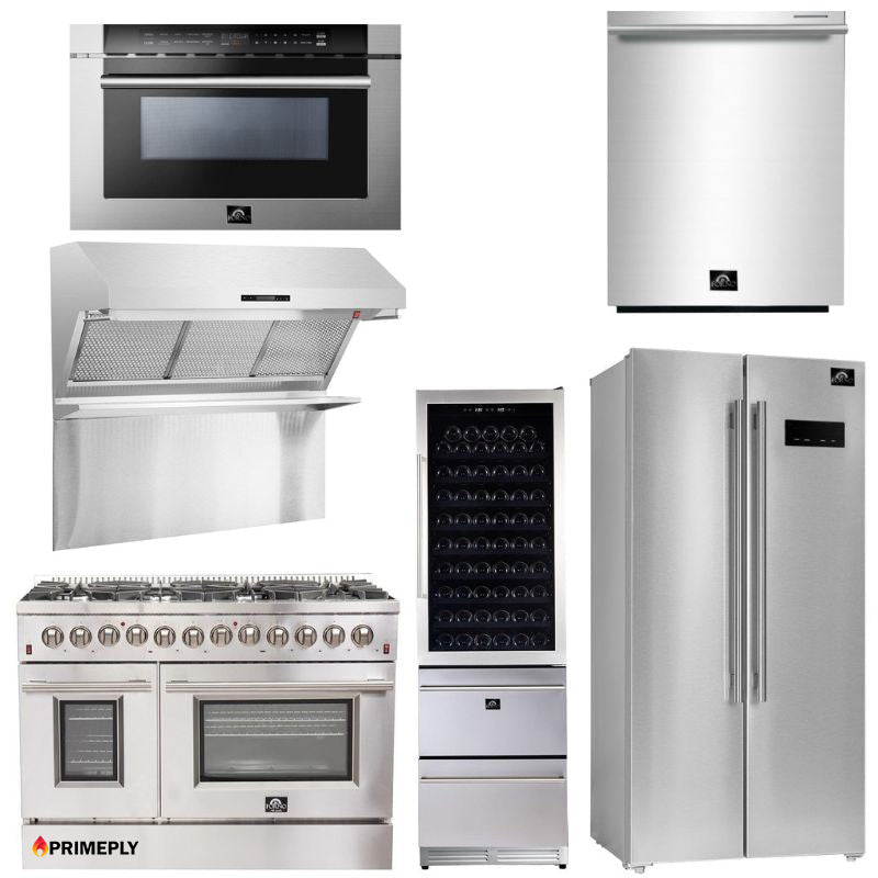 Forno Appliance Package - 48 Inch Dual Fuel Range, Range Hood, Built-In Refrigerator, Microwave Drawer, Dishwasher, Wine Cooler, 33SB-FFSGS6156-48 - MyBBQDirect