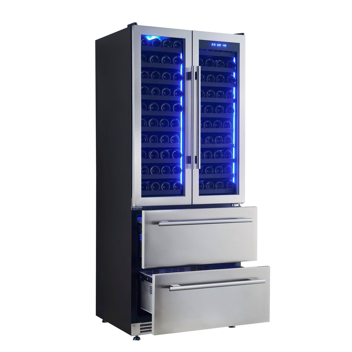 FORNO Campania 32" 120 Bottle Triple Zone French Door Wine Cooler with 2 Beverage Drawers, FWCDR6635-32S