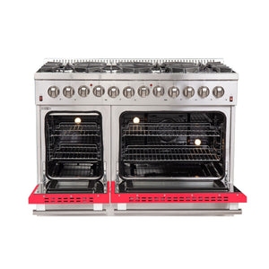 FORNO Galiano - Gold Professional 48" Freestanding Dual Fuel 240V Electric Colored Door Oven Range FFSGS6156-48RED