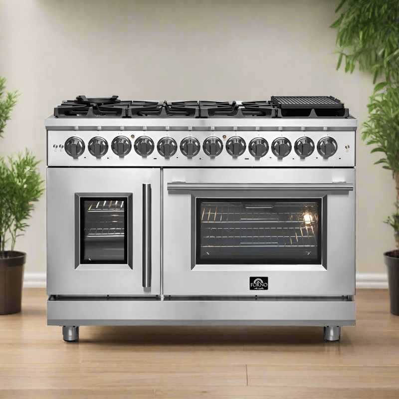 FORNO Massimo 48-Inch Freestanding French Door Dual Fuel Range in Stainless Steel - FFSGS6325-48