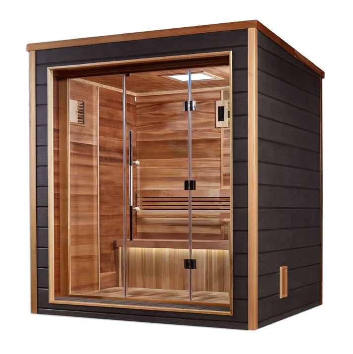 GOLDEN DESIGNS DRAMMEN 3 PERSON OUTDOOR-INDOOR TRADITIONAL STEAM SAUNA - CANADIAN RED CEDAR INTERIOR GDI-8203-01