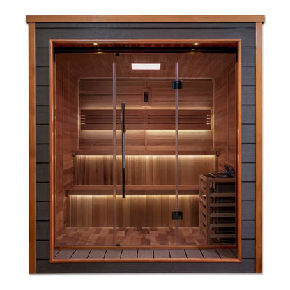 GOLDEN DESIGNS KAARINA 6 PERSON OUTDOOR-INDOOR TRADITIONAL STEAM SAUNA - CANADIAN RED CEDAR INTERIOR GDI-8506-01