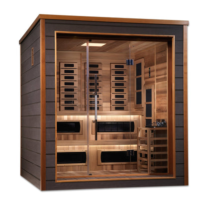 GOLDEN DESIGNS KARLSTAD 6 PERSON OUTDOOR-INDOOR PURETECH HYBRID FULL SPECTRUM SAUNA - CANADIAN RED CEDAR INTERIOR GDI-8226-01