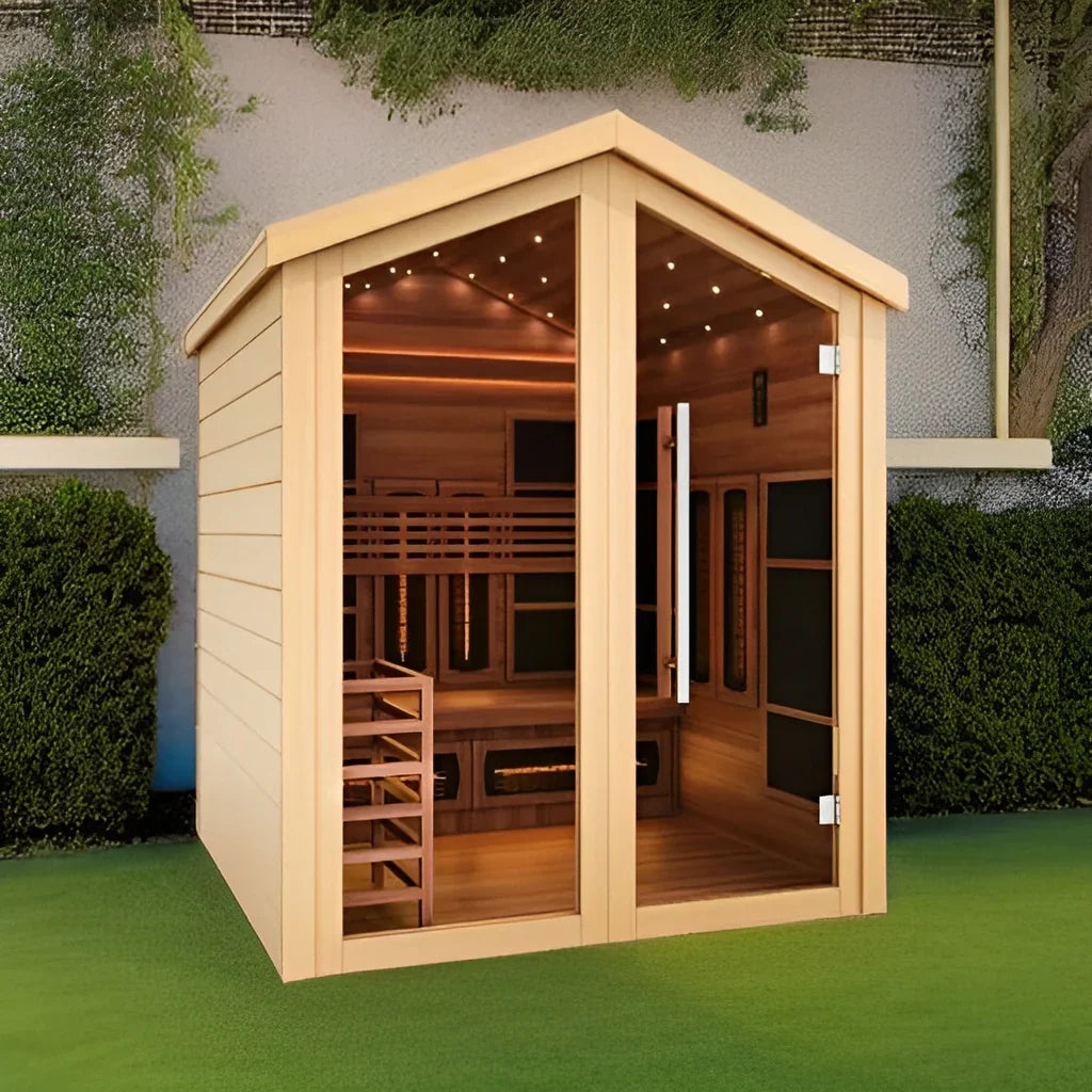 GOLDEN DESIGNS KASKINEN 6 PERSON OUTDOOR-INDOOR PURETECH HYBRID FULL SPECTRUM SAUNA - CANADIAN RED CEDAR INTERIOR GDI-8526-01