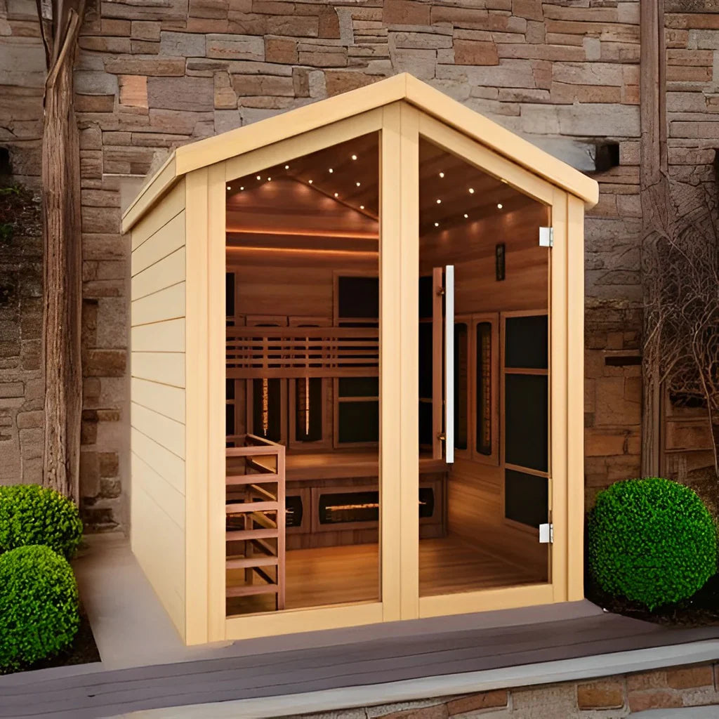 GOLDEN DESIGNS LOVIISA 3 PERSON OUTDOOR-INDOOR PURETECH HYBRID FULL SPECTRUM SAUNA - CANADIAN RED CEDAR INTERIOR GDI-8523-01